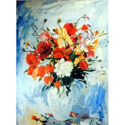 J.K. HANSEGGER 385 FLOWERS IN PORCELAIN PITCHER O/