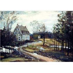 J K HANSEGGER 898 OIL ON BOARD HOUSE BARN AND DRIV