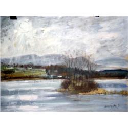 J K HANSEGGER 635 OIL ON BOARD "LAKE WITH COTTAGES