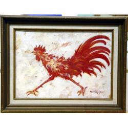 J. K. HANSEGGER 485 OIL ON PAPER RED ROOSTER 14"X1