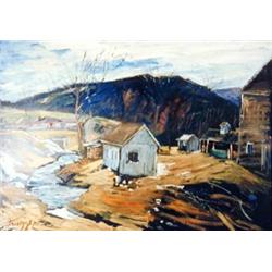 J K HANSEGGER 696 OIL ON BOARD "HOUSES STREAM AND