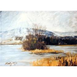 J K HANSEGGER 636 OIL ON BOARD "MARSHLAND AND MOUN