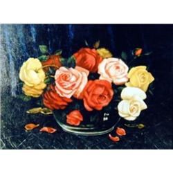 J K HANSEGGER 336 OIL ON BOARD "BOWL OF ROSES"