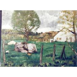 J K HANSEGGER 691 OIL ON BOARD "ROCK NEAR COTTAGE