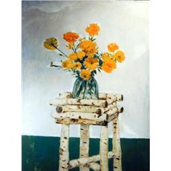 J.K. HANSEGGER 383 O/B FLOWERS ON BIRCH LOG TABLE