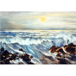 J.K. HANSEGGER 654 O/B SEASCAPE AT SUNSET 20"X16"