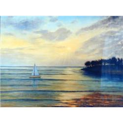 J. K. HANSEGGER 877 OIL ON BOARD OCEAN SUNSET WITH