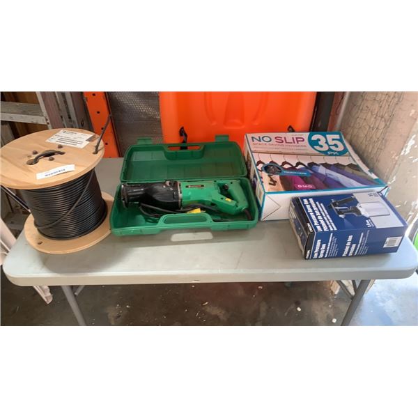 HITACHI RECIPROCATING SAW WITH LOW PRESSURE SPRAY GUN, HANGERS  AND SPOOL OF CABLE