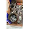 Image 2 : BOX OF MOSTLY 5/8" NUTS AND BOLTS WITH HATCHET AND NAILS