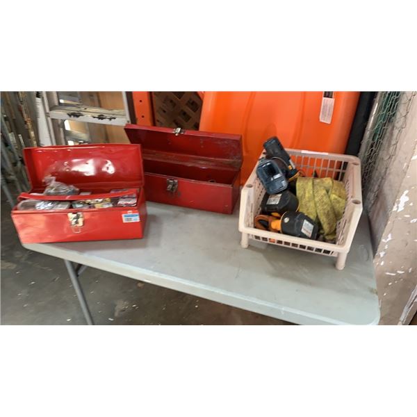 2 TOOLBOXES WITH BIN OF DRILL, STRAPS AND MORE