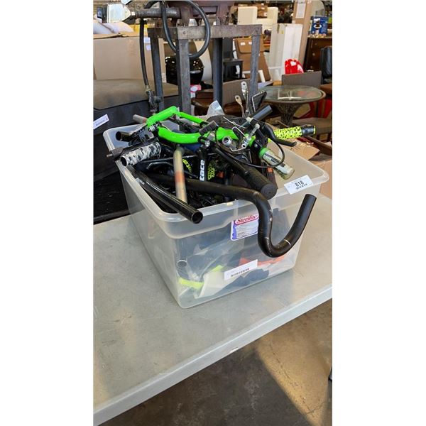 BOX OF BIKE HANDLEBARS, CARGO RACK AND MORE