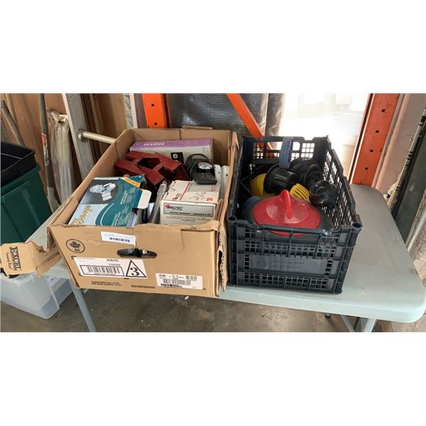 BOX AND CRATE OF FAUCETS, TRAINING WHEELS, ROCK TUMBLER AND MORE