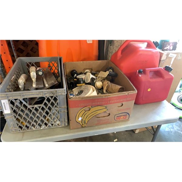 2 BOXES OF CONCRETE TOOLS AND 2 JERRY CANS