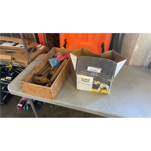 WOOD BOX OF HAND TOOLS AND BOX OF NAILS