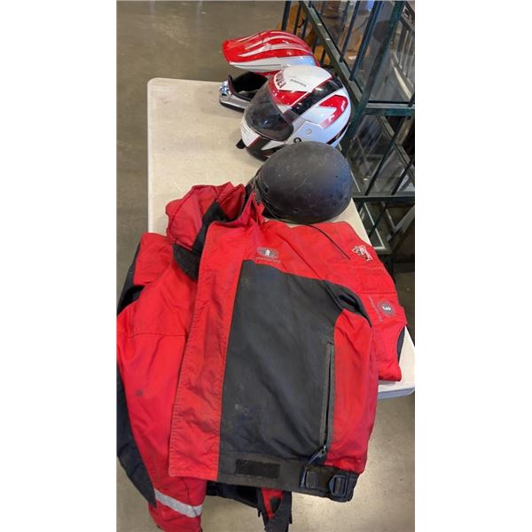 MUSTANG FLOATER SUIT: MEDIUM JACKET AND SMALL PANTS WITH 3 MOTOCYCLE HELMETS