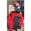 Image 1 : MUSTANG FLOATER SUIT: MEDIUM JACKET AND SMALL PANTS WITH 3 MOTOCYCLE HELMETS