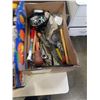 Image 9 : 2 BOXES OF 1/2IN NUTS, BOLTS, CHAIN HOOKS, HAND TOOLS AND MORE