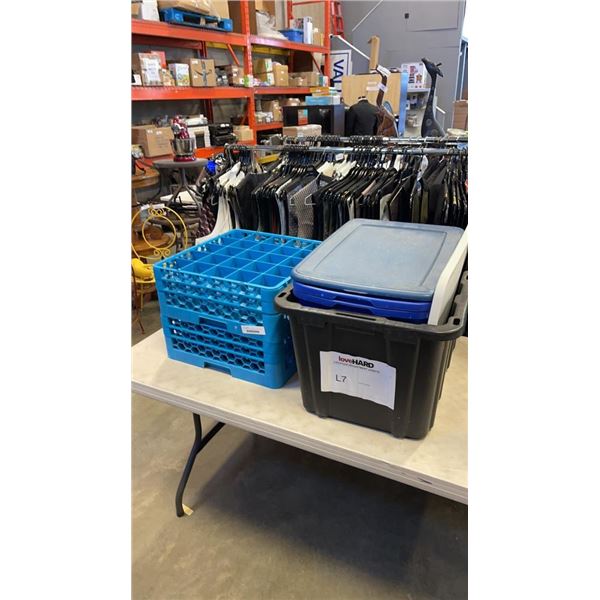 STORAGE TOTES AND BLUE RESTAURANT TRAYS