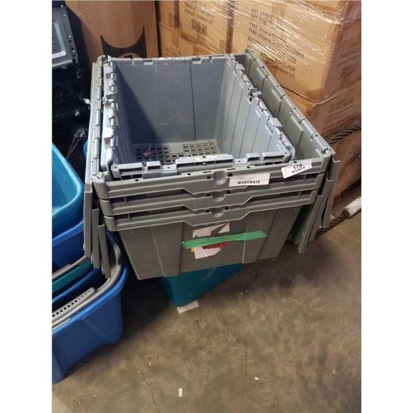 LOT OF VARIOUS STORAGE TOTES WITH BUILT IN LIDS