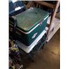 Image 3 : METAL COLEMAN COOLER WITH CAMP STOVE, 2 METAL FOLDING CHAIRS AND PERSONAL CART