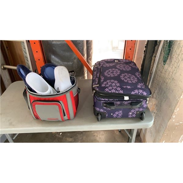 PURPLE LUGGAGE CARRYON WITH SIZE 10 SHOES AND SLIPPERS