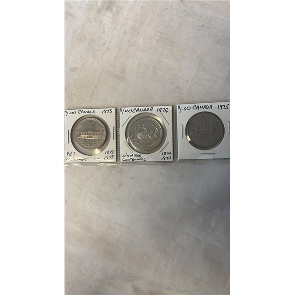 3 CANADIAN DOLLAR COINS 1973 (PEI CENTENNIAL) 1974 (WINNIPEG CENTENNIAL) 1975