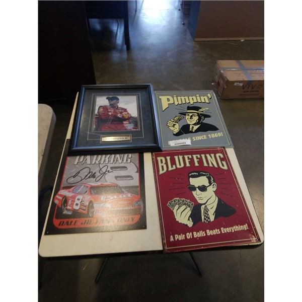 FRAMED DALE EARNDHART JR AND 2 METAL SIGNS