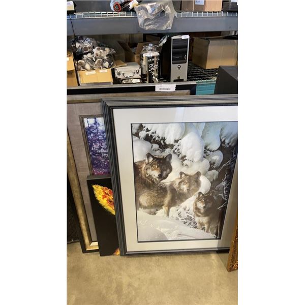 LARGE FRAMED WOLF PRINT AND 2 OTHER PRINTS