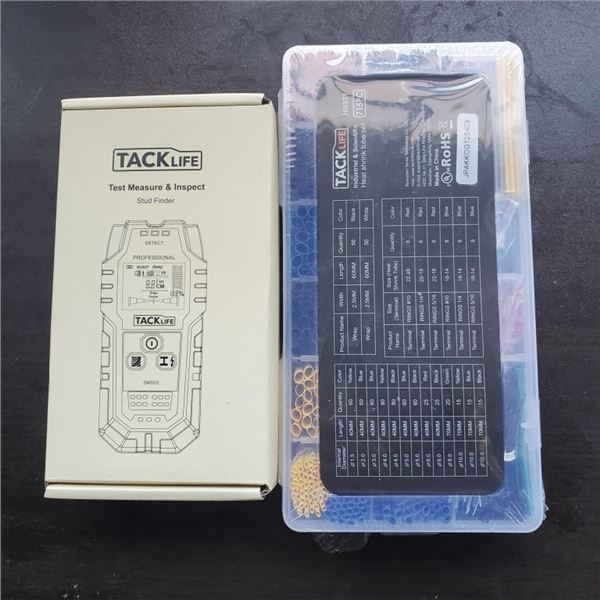 NEW TACKLIFE STUD FINDER WITH TACKLIFE 715PC INDUSTRIAL AND SCIENTIFIC HEAT SHRINK TUBE SET