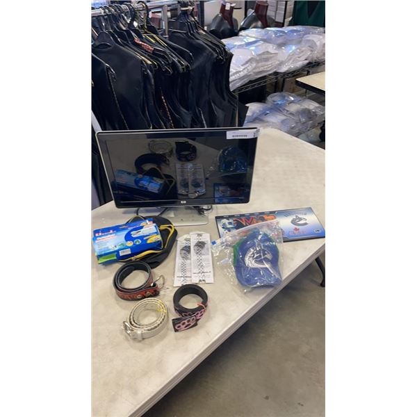 LOT OF HANDY STITCH, BELTS, CANUCKS COLLECTIBLES AND HP MONITOR