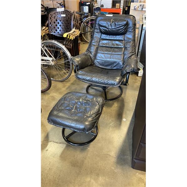 BLACK LEATHER CHAIR AND FOOTSTOOL