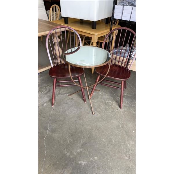 2 SPINDLE BACK CHAIRS AND MIRRORED SIDE TABLE