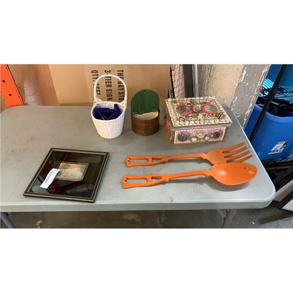 SHELL BOX WITH WOODEN SERVING UTENSILS, BOTTLES AND SMALL PLANTER