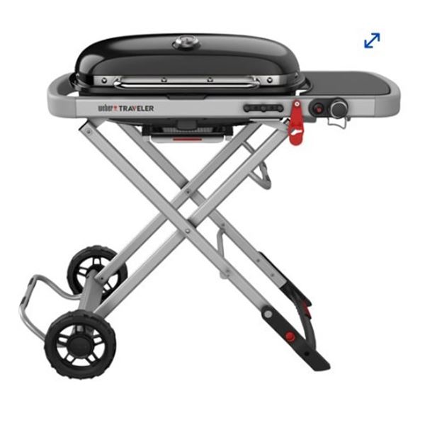 AS NEW WEBER TRAVELLER PORTABLE GAS GRILL - RETAIL $499