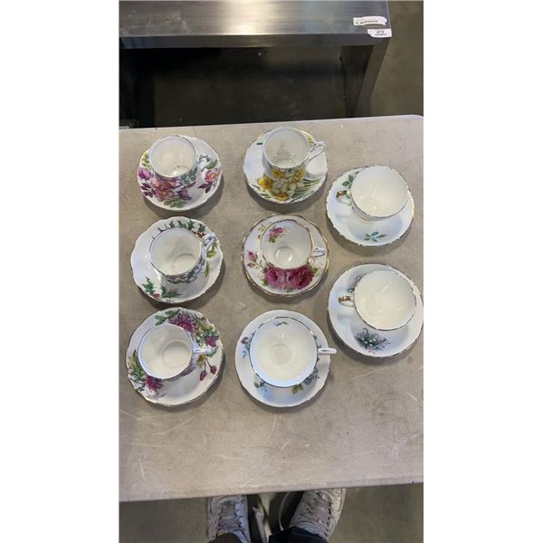 8 CHINA CUPS AND SAUCERS: ROYAL ALBERT, PARAGON, AMERICAN BEAUTY AND MORE