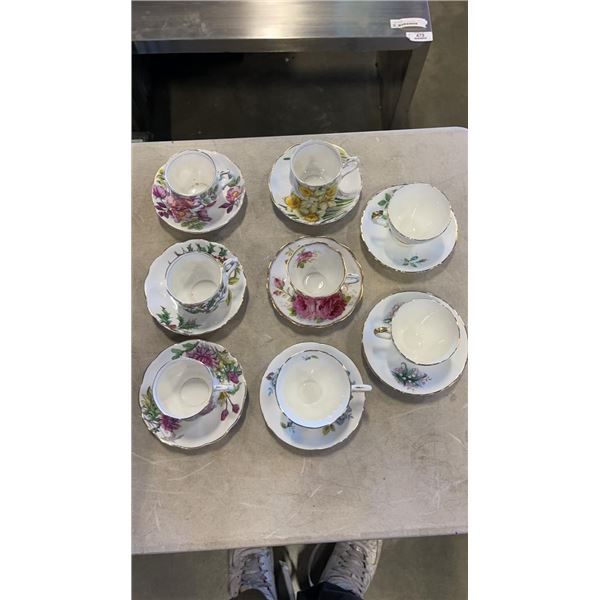 8 CHINA CUPS AND SAUCERS: ROYAL ALBERT, PARAGON, AMERICAN BEAUTY AND MORE