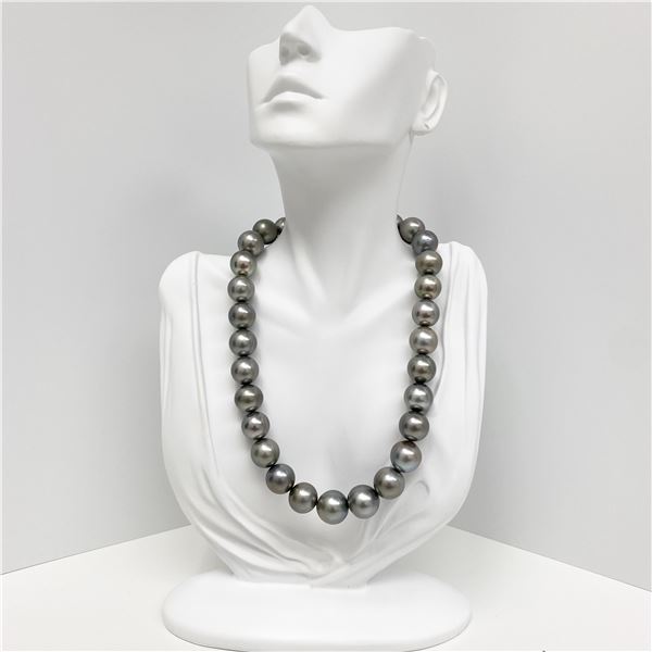 14-16mm Tahitian Silver Gray Near-Round Pearl Necklace with Gold Clasp