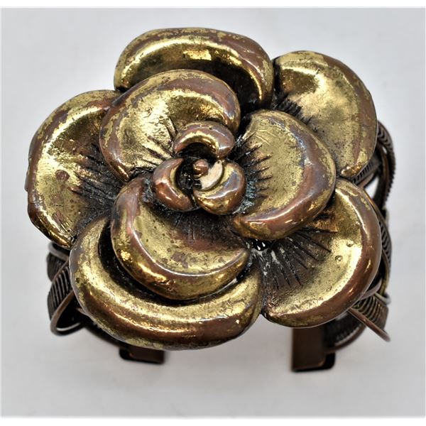 Large Vintage Brass and Copper Rose Cuff Bracelet
