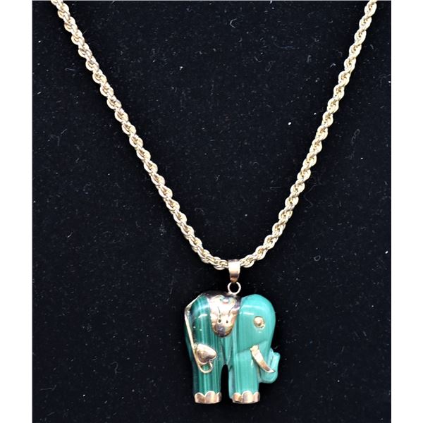 Malachite & 14K Gold Elephant Pendant Necklace