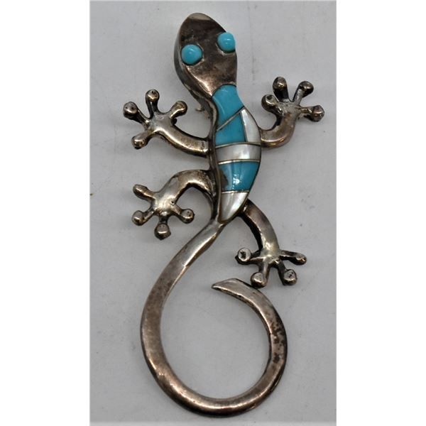 1990s Zuni Sterling Inlay Gecko Pin Pendant