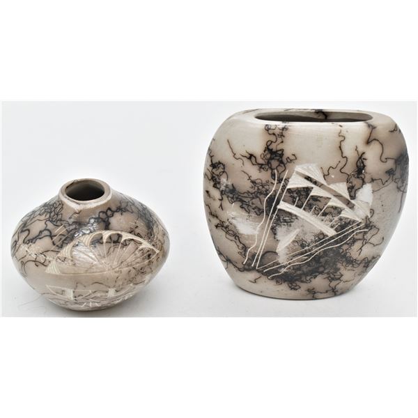 2 Navajo Etched Horse Hair Pottery Jars