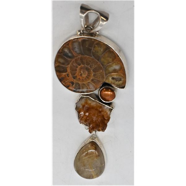 Sterling Crystal, Quartz, Ammonite Fossil Pendant