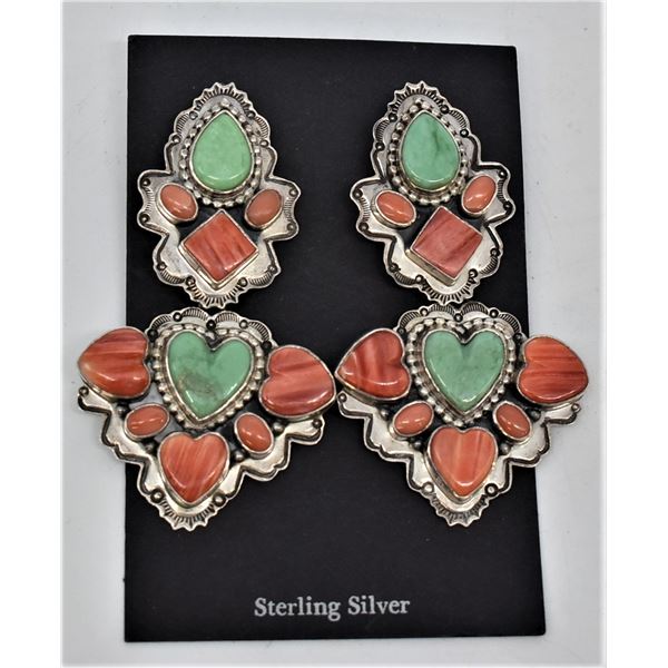 Navajo Sterling Red Shell & Turquoise Earrings