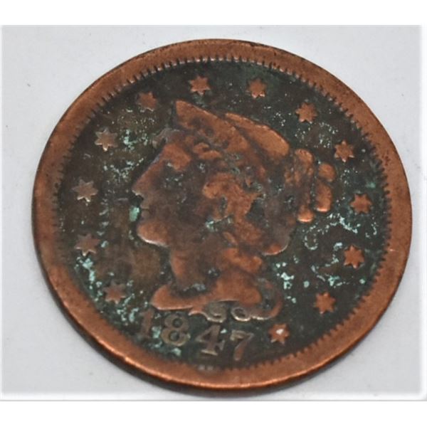 1847 Large Liberty Copper Cent, Braided Hair