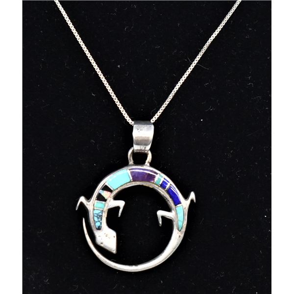 1990s Navajo Sterling Inlay Lizard Necklace