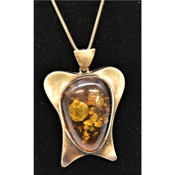 Estate Large Sterling Amber Pendant Necklace