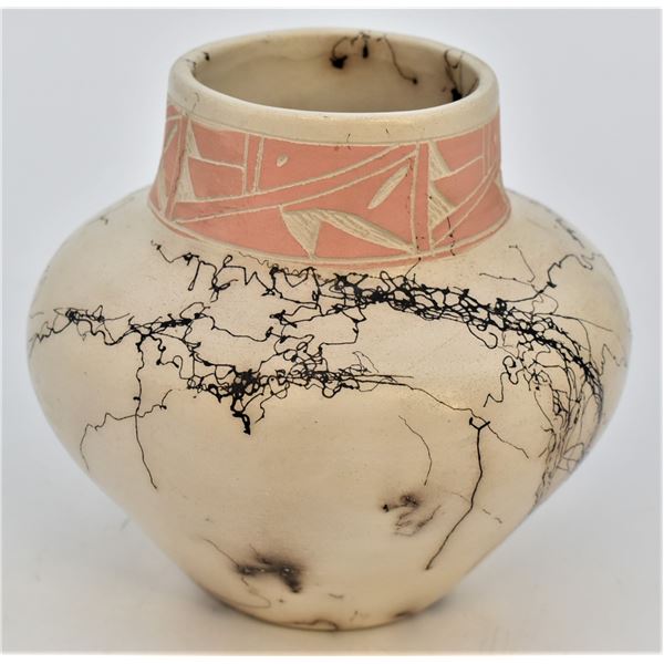 Navajo Etched Horse Hair Pottery Jar by Vail
