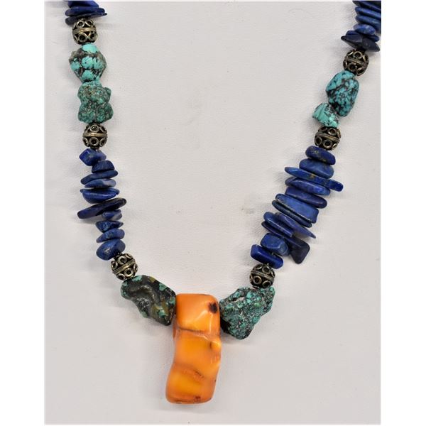 Sterling, Turquoise, Lapis, and Coral Necklace