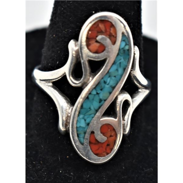 Navajo Sterling Chip Inlay Ring, Size 7.75