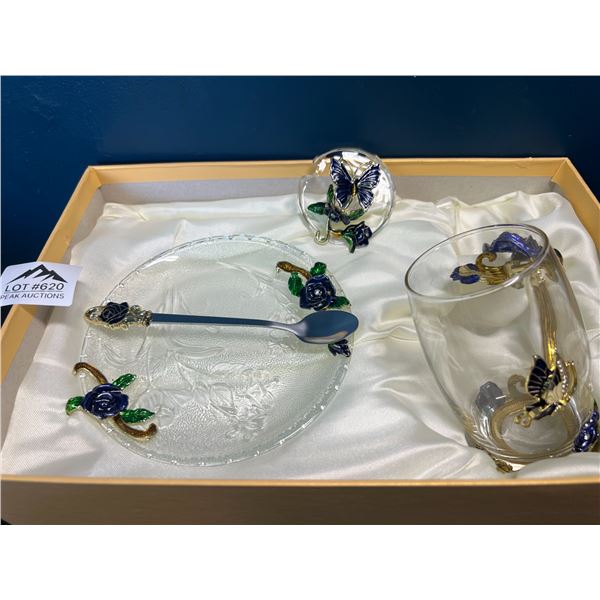 Lot of 1 Glass Butterfly Tea Set - Beautiful 4PC Set